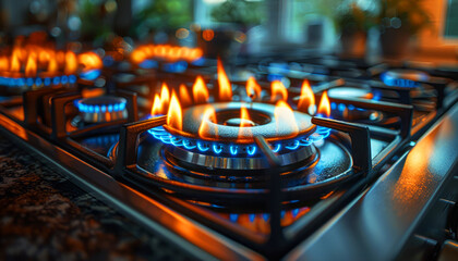 Gas stove burners alight with blue flames, showcasing the power and heat of modern kitchen appliances