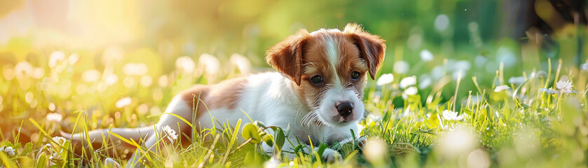 Puppy playing in a meadow, watercolor effect, eye-level angle, bright spring colors