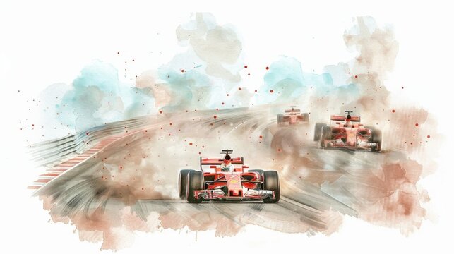 A red race car is driving on a track with smoke coming out of its tires. The car is surrounded by other cars, and the scene is dynamic and exciting. Watercolor painting style.