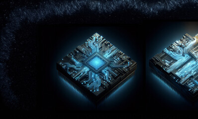 3D artificial intelligence chip designed like a miniature city at night