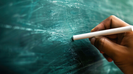 A close up of a chalk tip on a blackboard, capturing the moment of contact where words become vehicles of knowledge