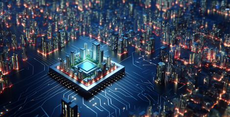 3D artificial intelligence chip designed like a miniature city at night with brighter building lights to enhance the nighttime effect