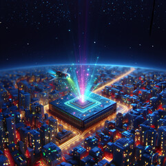 3D artificial intelligence chip designed like a miniature city at night with reflections and light beams
