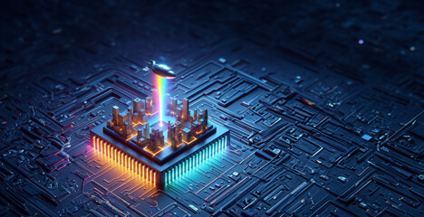 3D artificial intelligence chip designed like a miniature city at night with a small spaceship or flying vehicle emitting bright and dazzling colored light beams into the sky