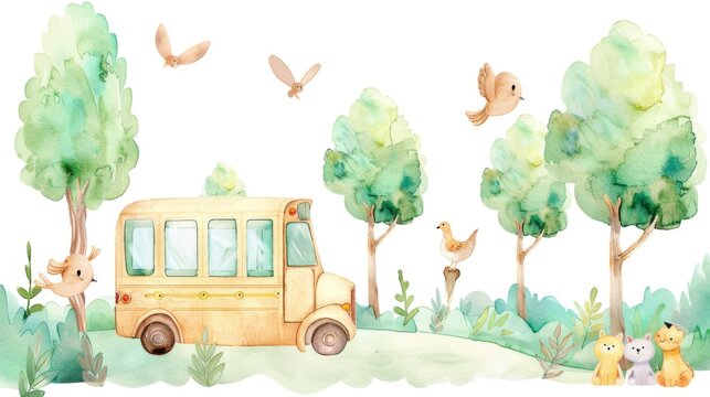 A yellow school bus is driving through a forest with birds and other animals in the background. Watercolor painting style.