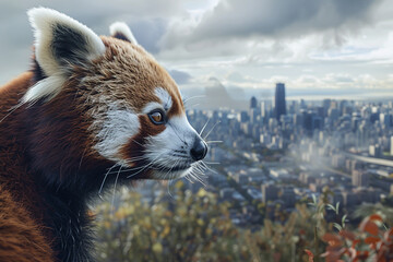 A Wild Red Panda's Gentle Gaze Meets the City's Skyline, Signifying Nature's Resurgence Over...