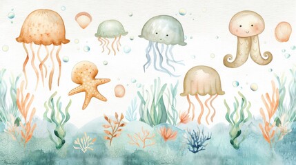 A watercolor painting of a group of sea creatures, including jellyfish, octopus, and starfish, swimming in a blue ocean. The mood of the painting is peaceful and serene.