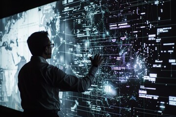 Showcase screen man in his 40s in front of a interactive digital board with a fully black screen