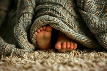 Baby's tiny feet peeking out from under a knit blanket on a textured rug, symbolizing comfort and tender moments