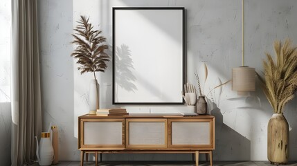 living room interior with wooden sideboard and mock up frame 3D rendering, Bright cozy living room interior with large window, white empty poster on the wall, sideboard and chair ai generated 