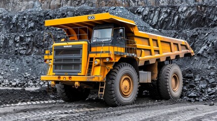 Massive yellow mining truck in operation at coal quarry within open pit mine site