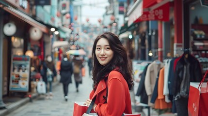 Street Style: Young Korean Woman Showcasing Fashionable Finds from a Shopping Spree