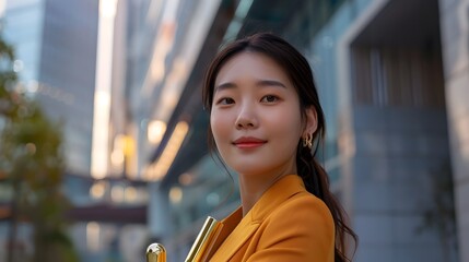 Victorious Korean Woman Celebrates Shopping Spree in Sleek Urban Setting