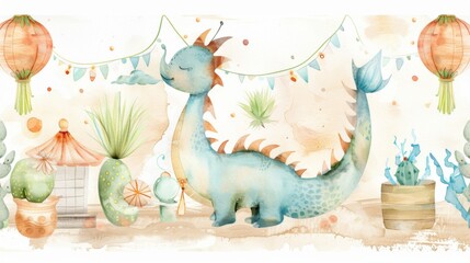 A blue dragon is resting on a sandy beach. The dragon is surrounded by plants and a few potted plants. Watercolor painting style.