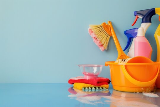 Collection of colorful cleaning supplies with soapy water and a mop on a reflective blue surface - Powered by Adobe