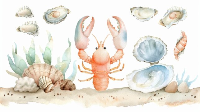 A crab is standing on a sandy beach next to a pile of shells. The crab is surrounded by various types of shells, including some that are larger and some that are smaller. Watercolor painting style.