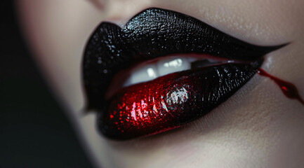 A closeup of glossy, black and red lips with an ombre effect. The lipstick is matte but has a subtle sheen that reflects light. It's a bold look perfect for Valentine’s Day or Halloweenthemed makeup l