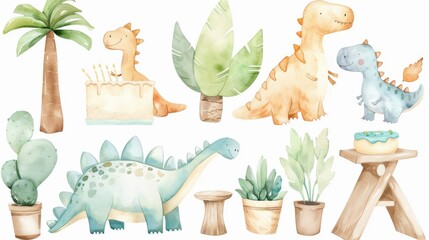 A set of dinosaur drawings with a tree and a cake in the background. The dinosaurs are of different sizes and colors, and they are all sitting or standing in various positions. © Newstep