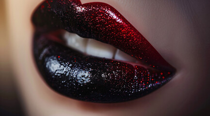 A closeup of glossy, black and red lips with an ombre effect. The lipstick is matte but has a subtle sheen that reflects light. It's a bold look perfect for Valentine’s Day or Halloweenthemed makeup l