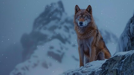 Obraz premium Siberian wolf, mountain, snow generative ai