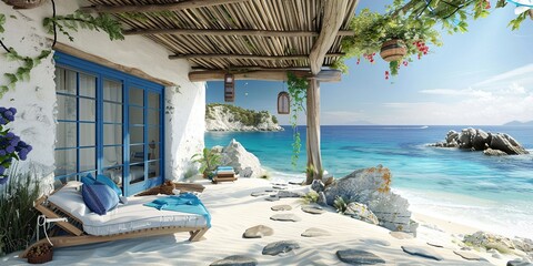 Cute beach house with rustic wooden roof, blue windows, wooden porch, white walls with white rough rocks, sand and rocks on the shore, white sun loungers with pillows