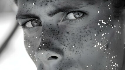 Black and white closeup photo of a man with white speckles on face . Concept Portrait Photography, Black and White, Closeup Shot, Man, White Speckles