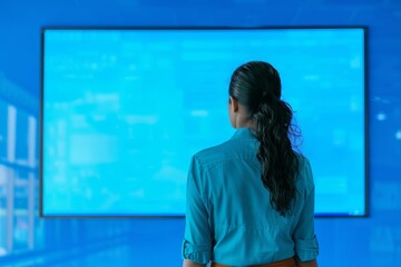 Ui mockup indian woman in her 30s in front of a interactive digital board with a fully blue screen