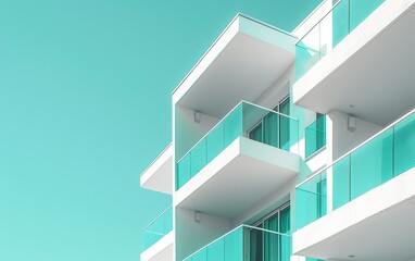 Minimalist white building with teal accents, simple and elegant style, closeup shot of balconies on the right side, clear sky background