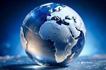 Close-up of Frozen Globe with Continents Etched in Ice on Deep Blue and White Background