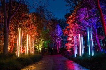 a pathway in the forest is illuminated with colorful lights at night