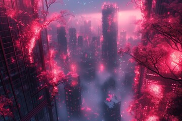 an image of cityscape surrounded by fireballs and trees