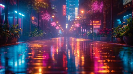 a dark city street with cars on it and neon lights