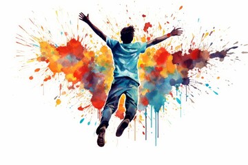 A boy jumps for joy as he is surrounded by a colorful explosion of paint.