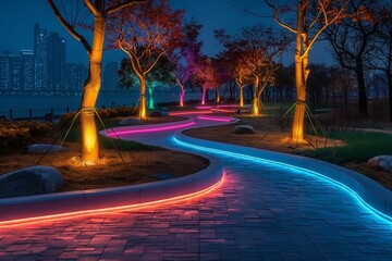 lighted walkway in front of tall buildings in a city park