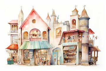 Obraz premium Create a watercolor painting of a European-style street with shops and cafes