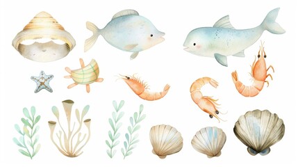 A collection of sea creatures including fish, shrimp, and a starfish. The image has a playful and whimsical feel to it. Watercolor painting style.