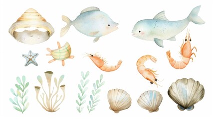 Naklejka premium A collection of sea creatures including fish, shrimp, and a starfish. The image has a playful and whimsical feel to it. Watercolor painting style.