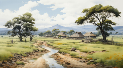 Watercolor painting of a quiet rural village far away from the big city. - obrazy, fototapety, plakaty