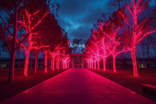 pink trees lined up along a walkway under dark clouds and lites