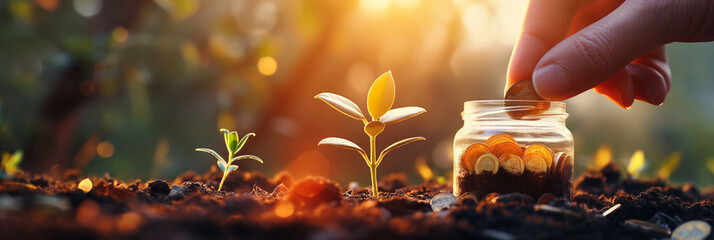 A symbolic representation of financial growth with a hand saving coins in a jar surrounded by sprouting plants in sunlight