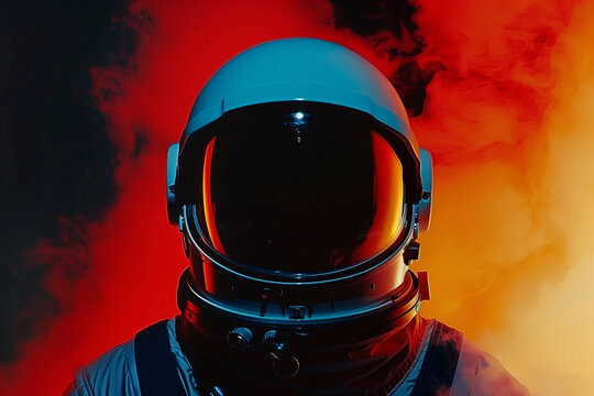 A portrait of an astronaut wearing his helmet against the backdrop of red smoke