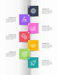 Vertical infographic timeline 7 process to success. Brochure, Banner, Poster and Business presentation. Vector illustration.