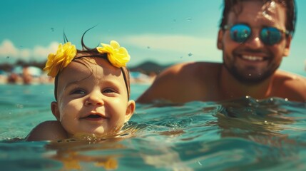 A man and a baby are in the water, the baby wearing a yellow flower headband - Powered by Adobe