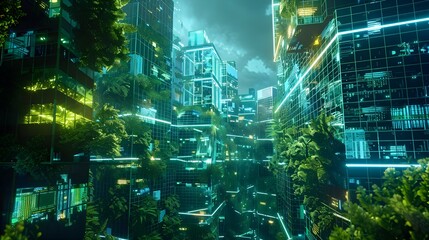 Futuristic Eco-Friendly Metropolis with Glowing Holographic Data Streams and Vertical Green Spaces