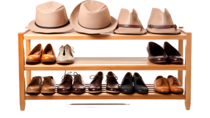 A wooden shoe rack filled with an assortment of hats and shoes
