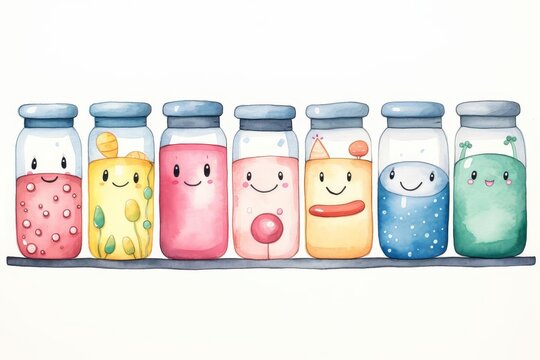 A row of cute potion bottles with different colored liquids and happy faces. The bottles are arranged on a white shelf against a white background.