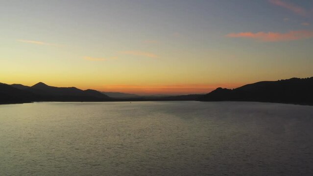 Stunning Sunset Over Cachuma Lake In Santa Ynez Valley, California. drone shot