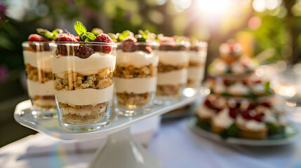 Trifles with caramel sauce and vanilla cream in glasses on a wedding table with white plates - obrazy, fototapety, plakaty
