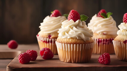 Cupcakes with cream and raspberries on a wooden board against a dark background in a closeup