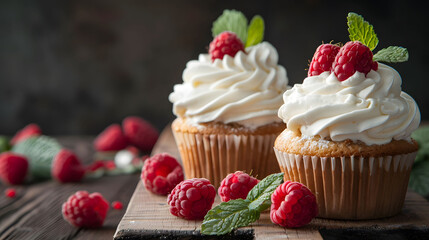 Cupcakes with cream and raspberries on a wooden board against a dark background in a closeup